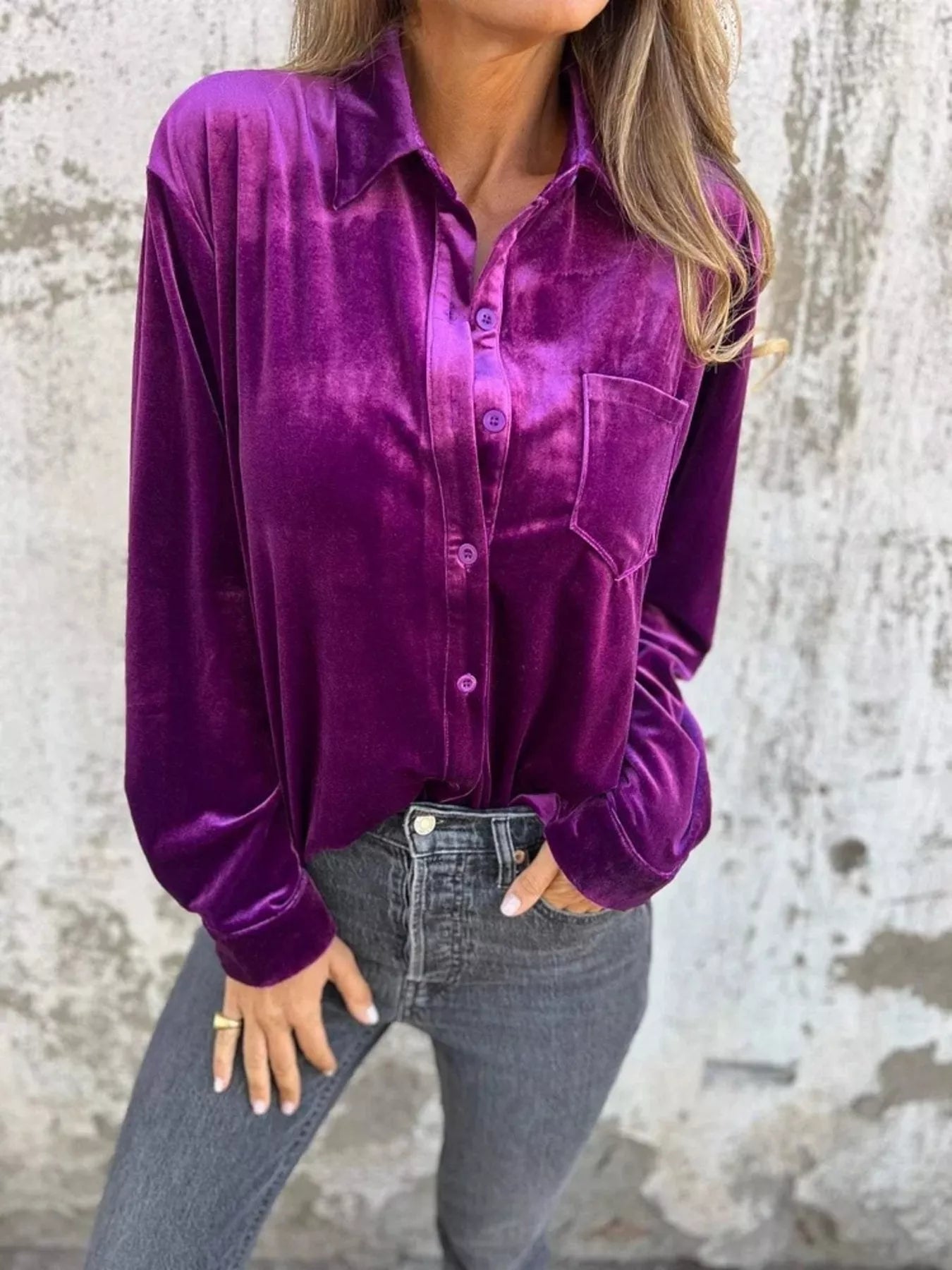 Sarah Express Women's Velvet Button-Up Long Sleeve Shirt Plus Size Purple