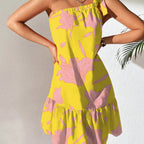 Floral Print One Shoulder Dress Ruffle Hem Sleeveless Midi Length
