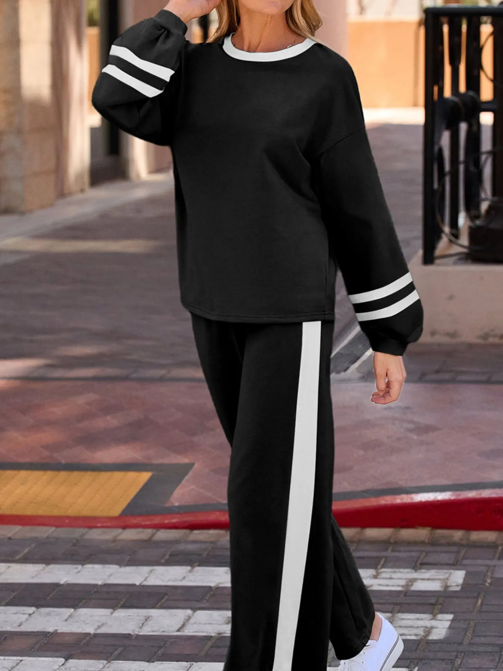 Sarah Express Women's Contrast Trim Round Neck Top and Pants Set