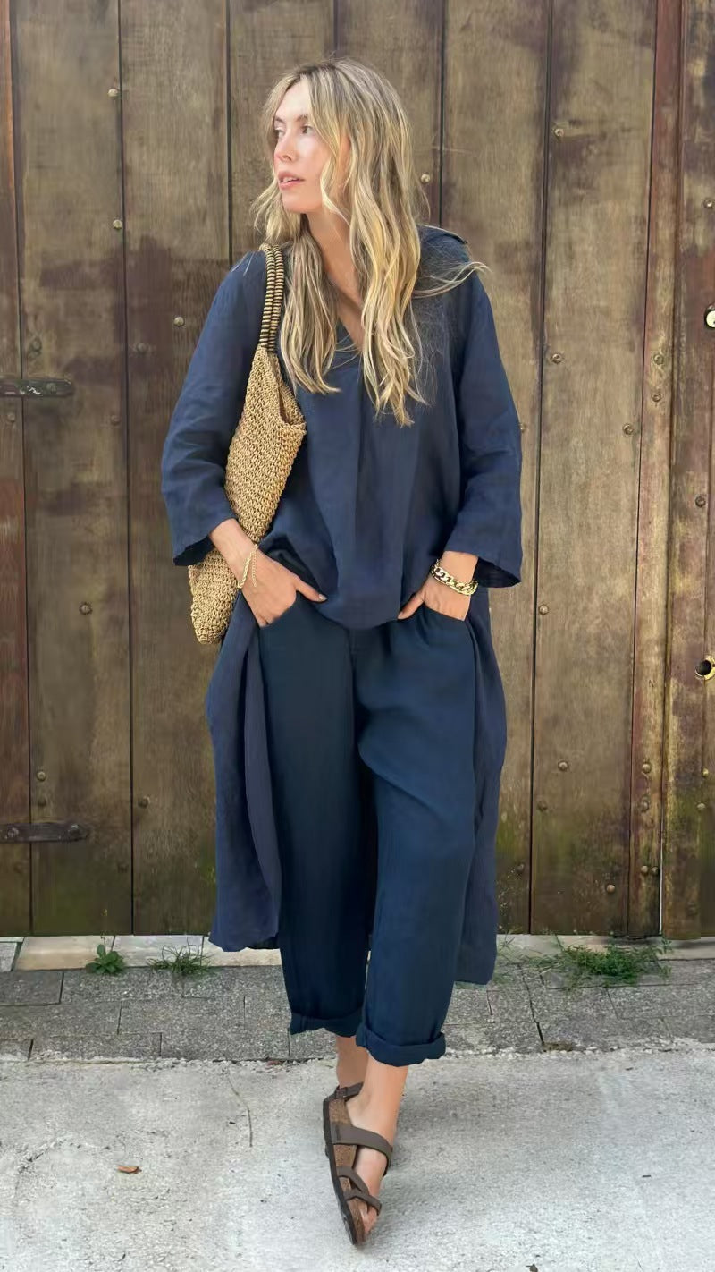 Two Piece Outfit V-Neck Tunic Top Wide Leg Pants Set Women's