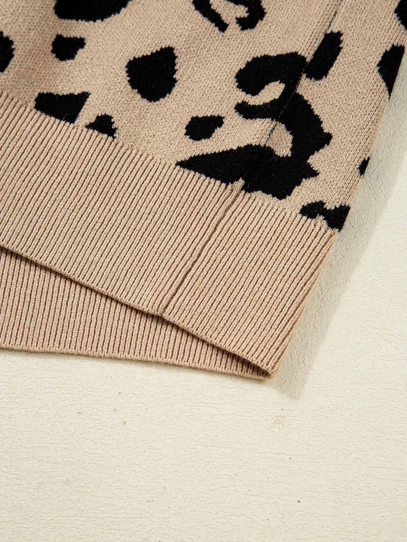 Sarah Express Women's Leopard Pattern Lace Ribbed Detail Button Cuffed Sweater