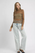 Sarah Express Women’s Sheer Lace and Mesh Long Sleeve Top for Evening
