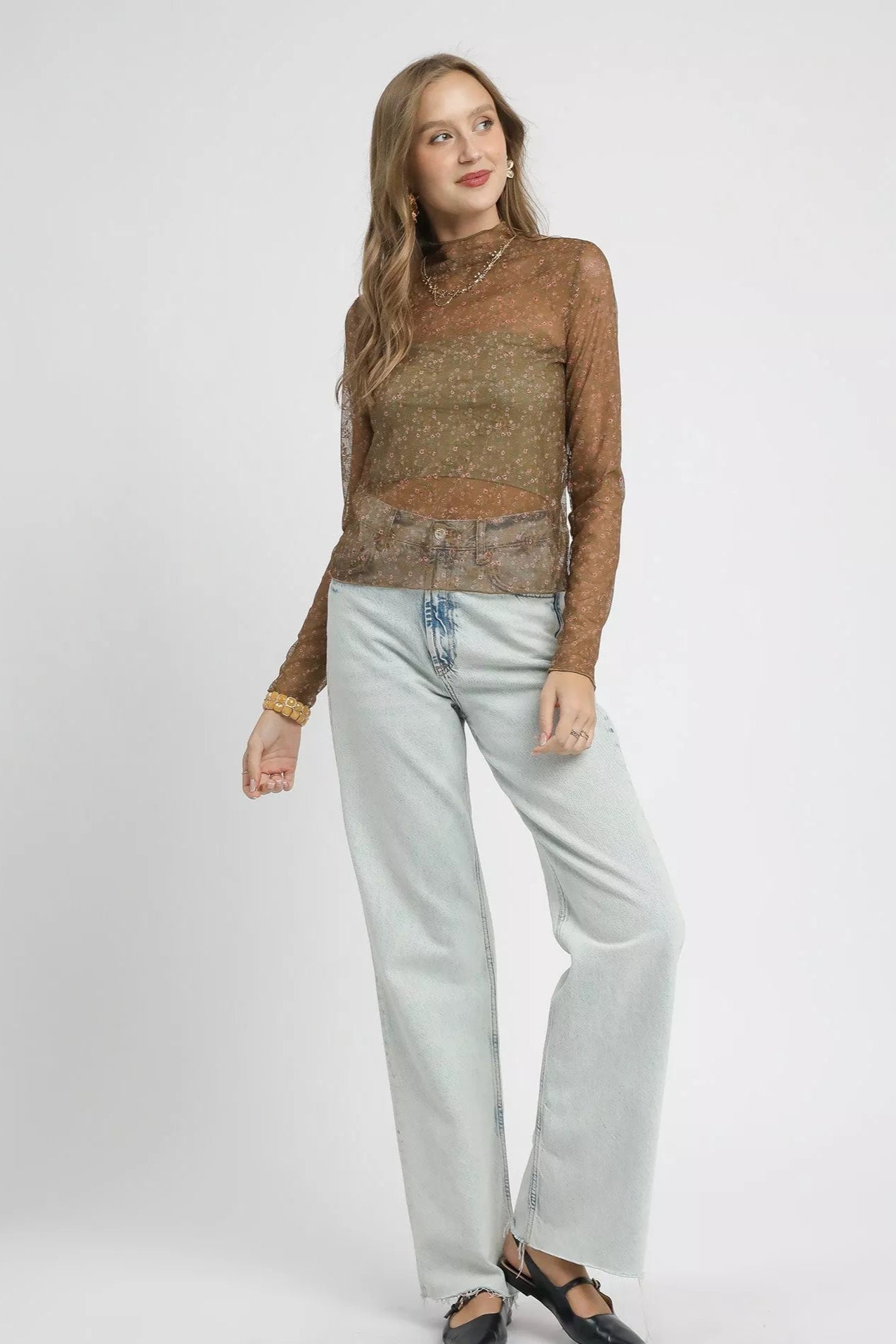 Sarah Express Women’s Sheer Lace and Mesh Long Sleeve Top for Evening
