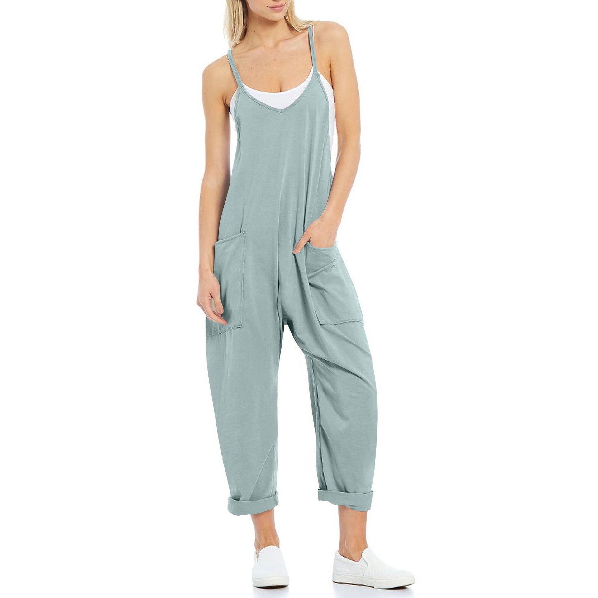 Women's Knitted Spaghetti Strap Jumpsuit - Loose Fit Wide Leg Overalls with Pockets