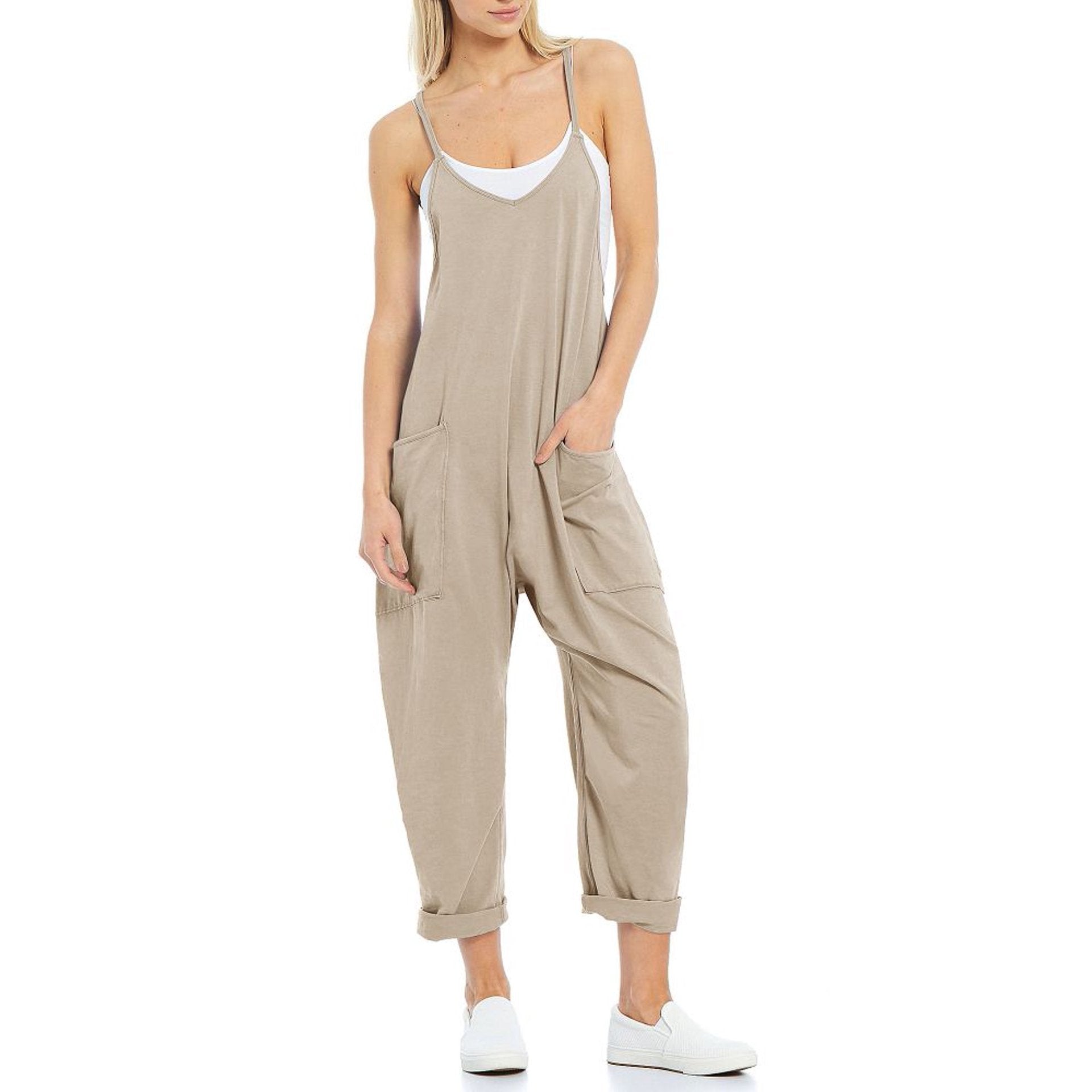 Women's Knitted Spaghetti Strap Jumpsuit - Loose Fit Wide Leg Overalls with Pockets
