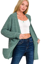  Long Sleeve Popcorn Sweater Cardigan with Pockets