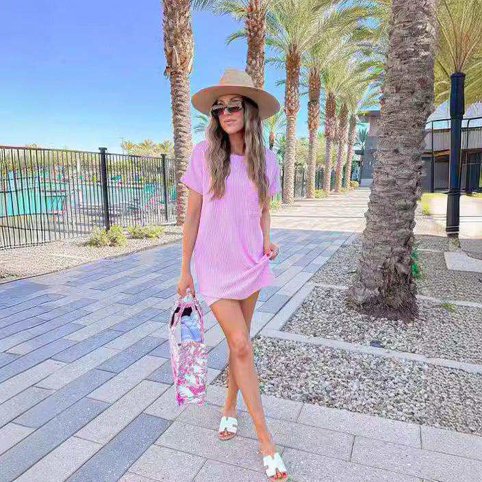 Women's Striped Short Sleeve Pocket Dress Casual Pullover