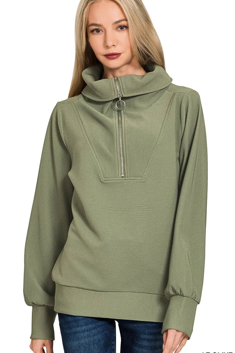 Sarah Express Women’s Ribbed High Neck Half Zip Lounge Set with Palazzo Pants