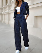 Striped Cropped Blazer Straight Pants Suit Set Long Sleeve Lapel Two-Piece