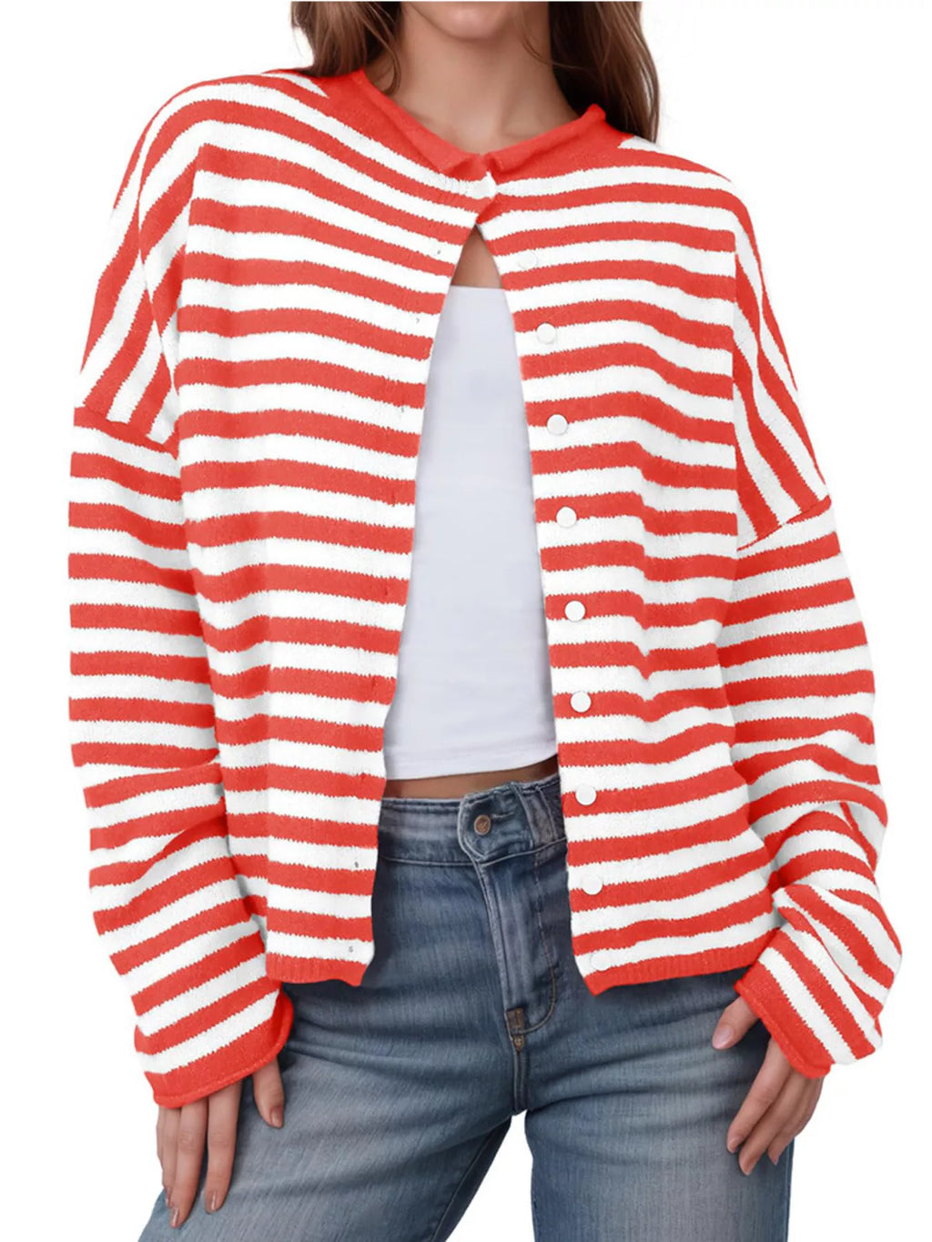 Sarah Express Women's Striped Button-Up Cardigan Red