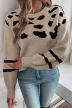 Sarah Express Women's Leopard Round Neck Dropped Shoulder Sweater Mocha