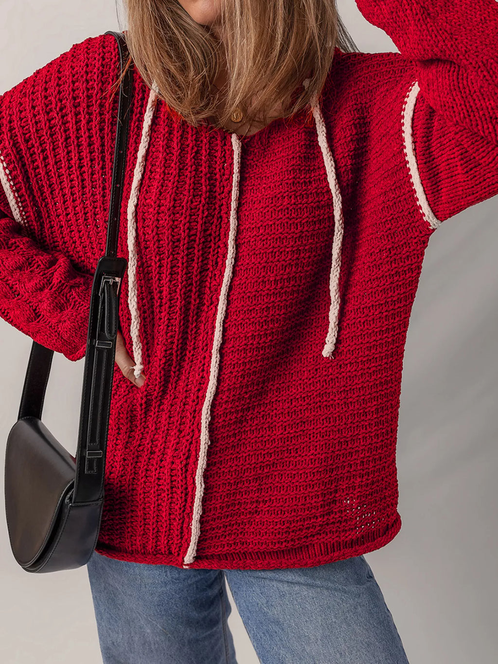 Sarah Express Women's Contrast Trim Cable-Knit Drawstring Hooded Sweater