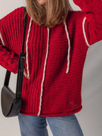 Sarah Express Women's Contrast Trim Cable-Knit Drawstring Hooded Sweater