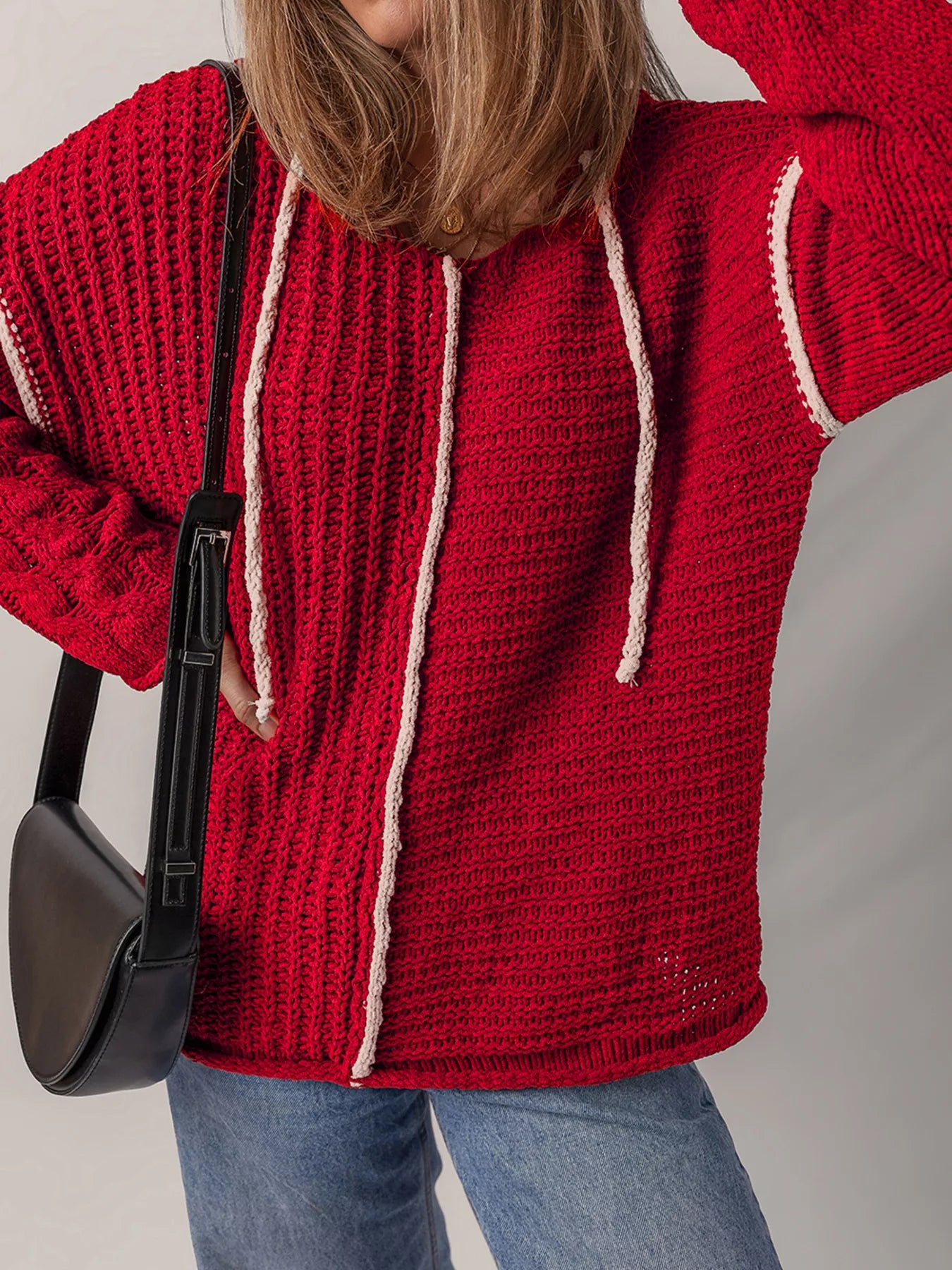 Sarah Express Women's Contrast Trim Cable-Knit Drawstring Hooded Sweater