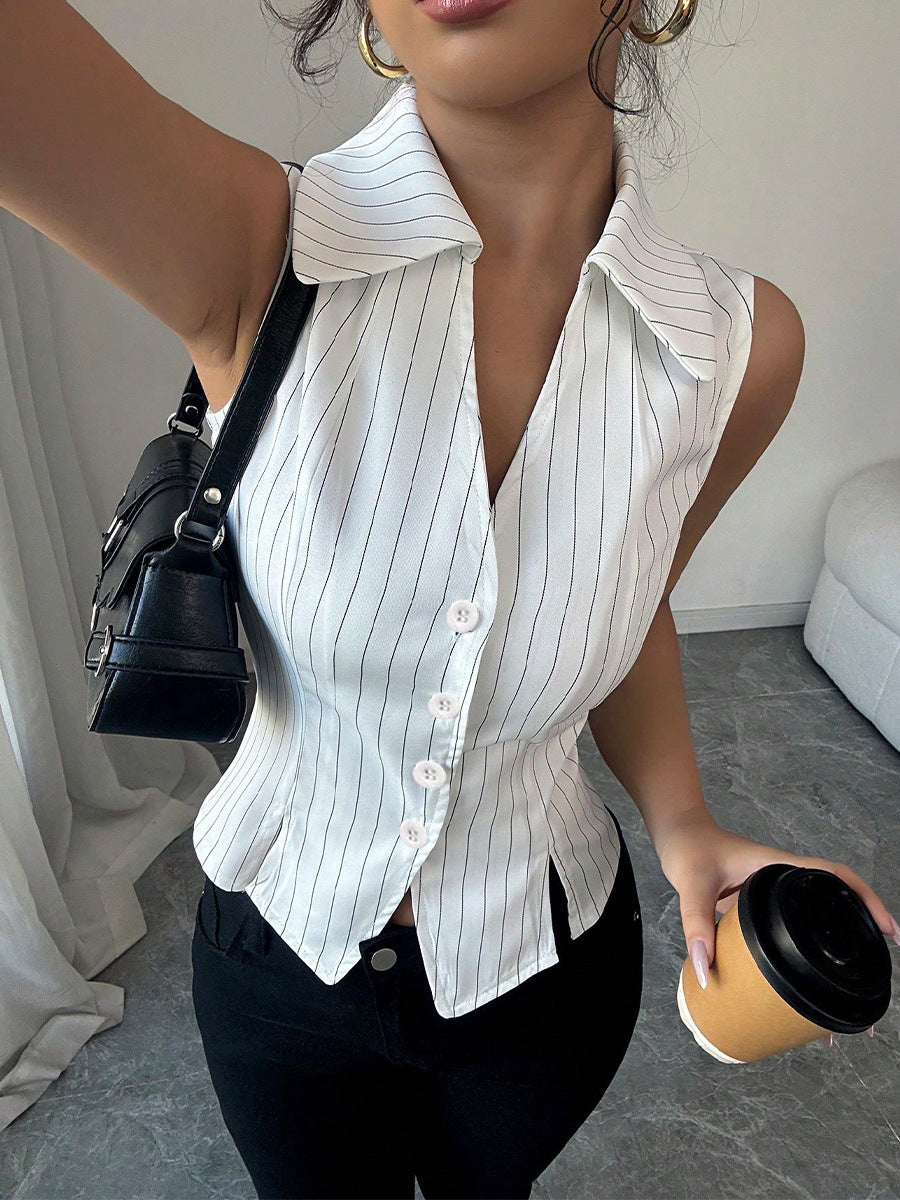 Striped Sleeveless Button-Down Blouse Slim Fit