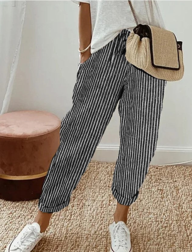 Women's Summer Striped Casual Pants - Loose Fit Elastic Waist Trousers