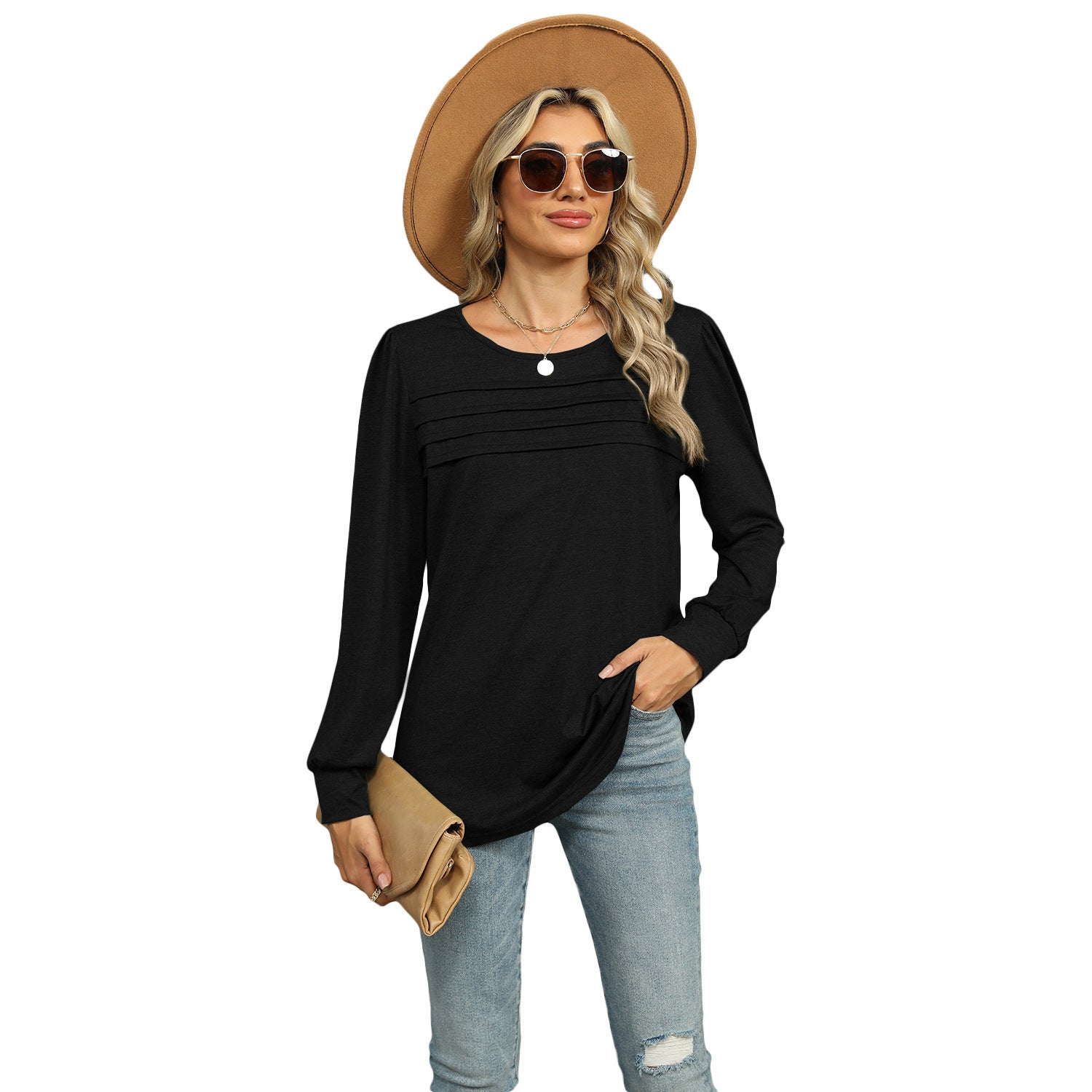 Solid Color U-Neck Pleated Long Sleeve Top for Women