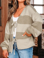 Sarah Express Women's Striped Color Block Tie Front Sweater Cardigan