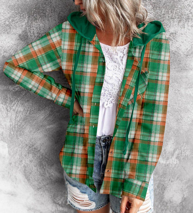 Women's Plaid Hooded Shirt Jacket Casual Loose Fit Pullover Top