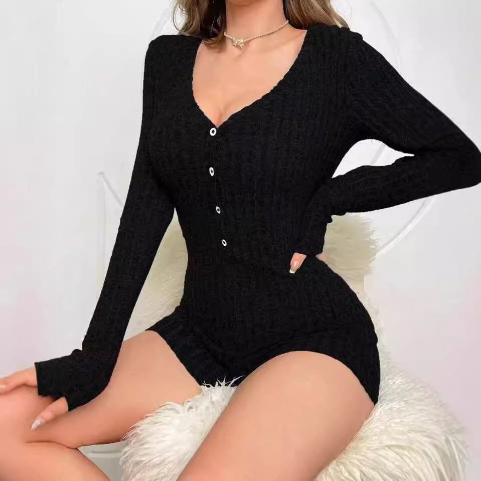Women's Ribbed Knit Romper - Long Sleeve Slim Fit Jumpsuit Shorts