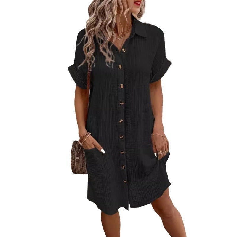 V-Neck Button Front Shirt Dress - A-Line Short Sleeve Women's Dress