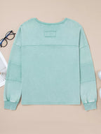 Sarah Express Women's Mineral Wash Exposed Seam Buttoned V Neck Top