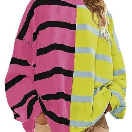 Women's Striped Knit Sweater Long Sleeve Pullover Loose Fit Acrylic