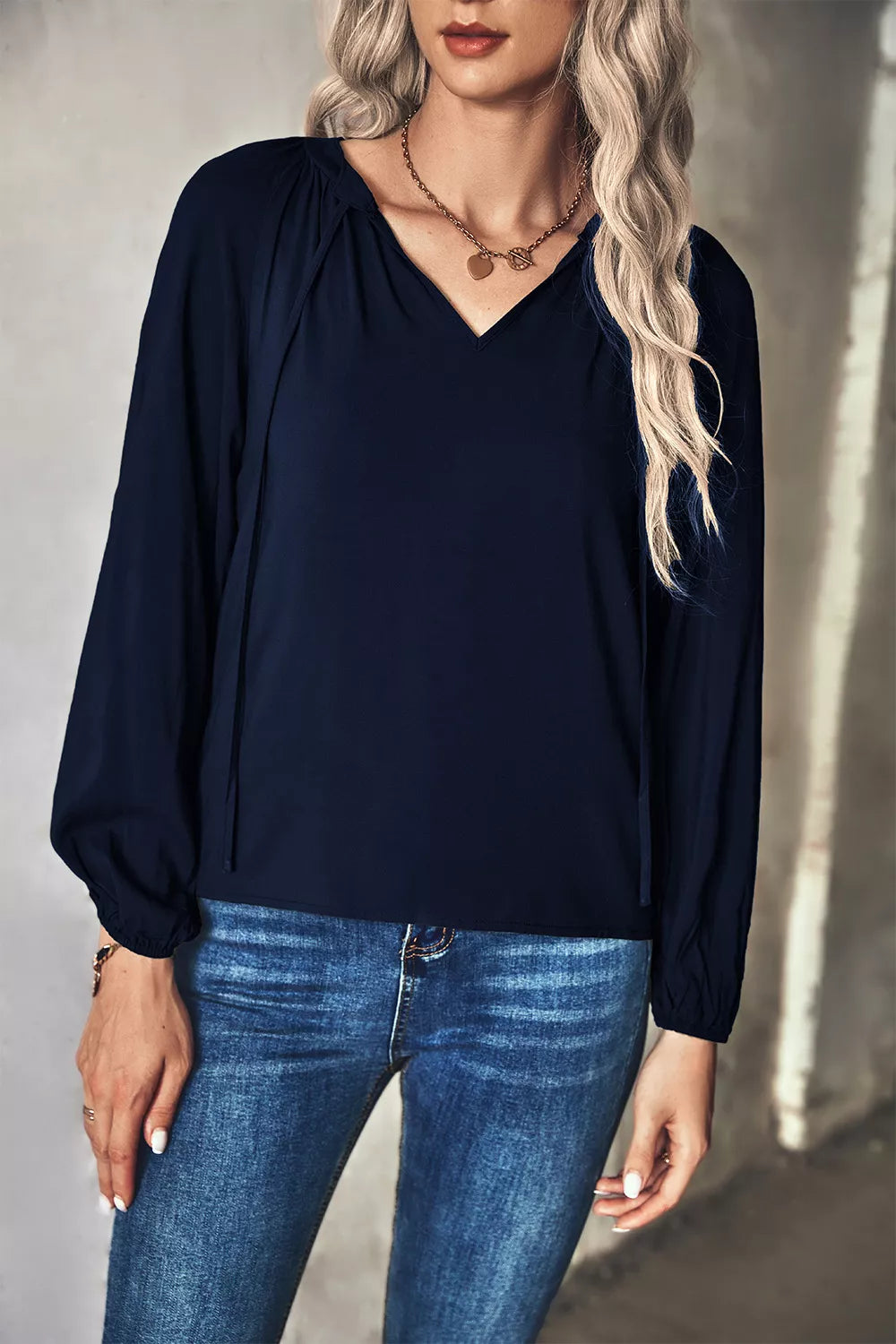 Sarah Express Women's Tie Neck Long Sleeve Blouse Navy