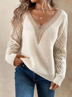 Sarah Express Women's Openwork V-Neck Long Sleeve Sweater