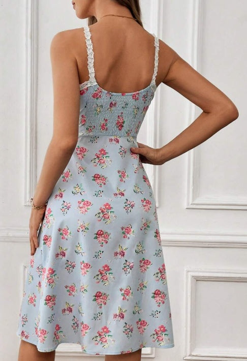 Floral Lace Trim Camisole Dress High Waist Sleeveless
