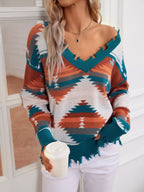 Sarah Express Women's Geometric Frayed Hem V-Neck Long Sleeve Sweater