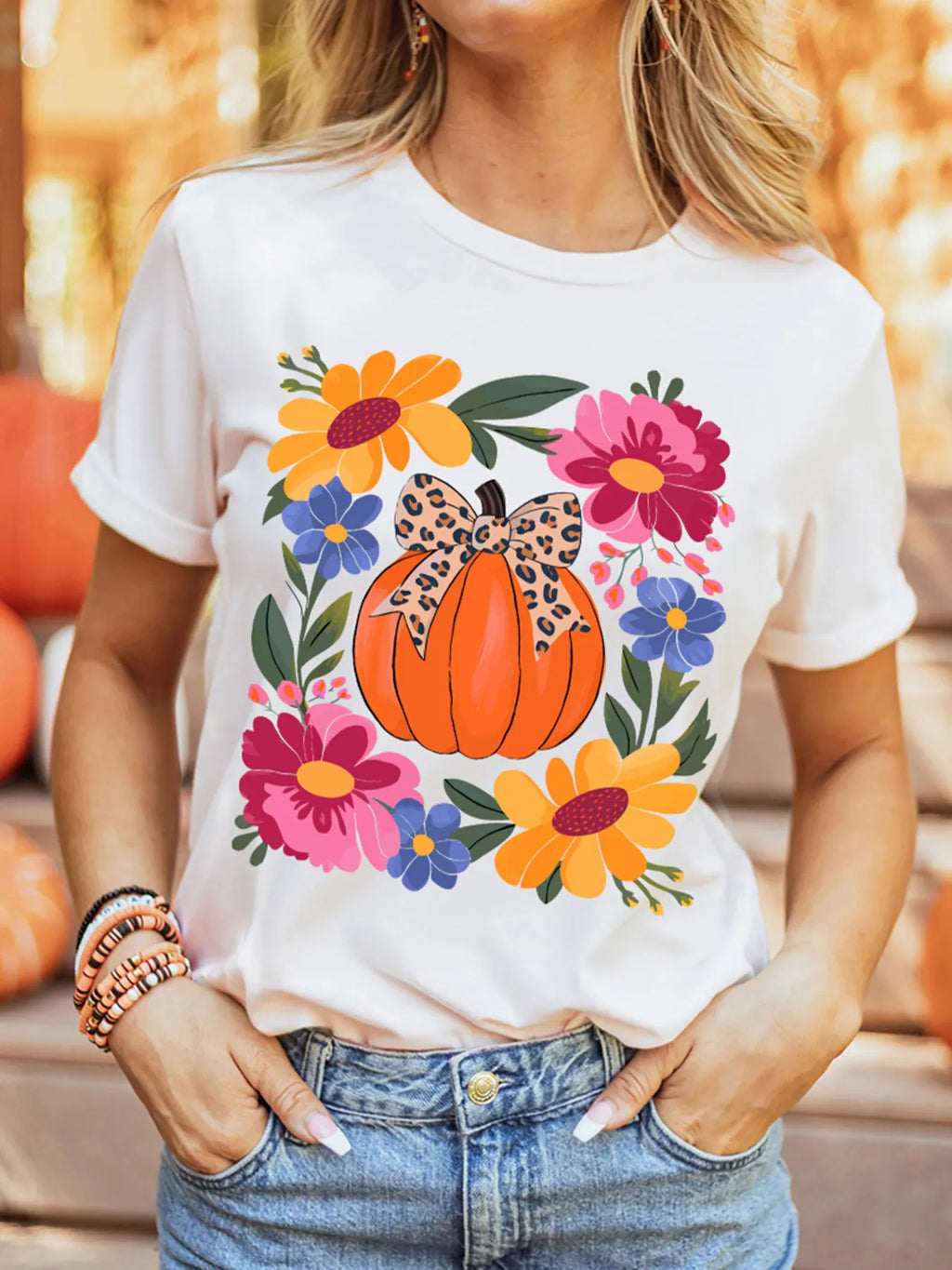 Sarah Express Women's Pumpkin Floral Graphic Round Neck T-Shirt