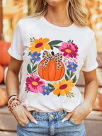 Sarah Express Women's Pumpkin Floral Graphic Round Neck T-Shirt