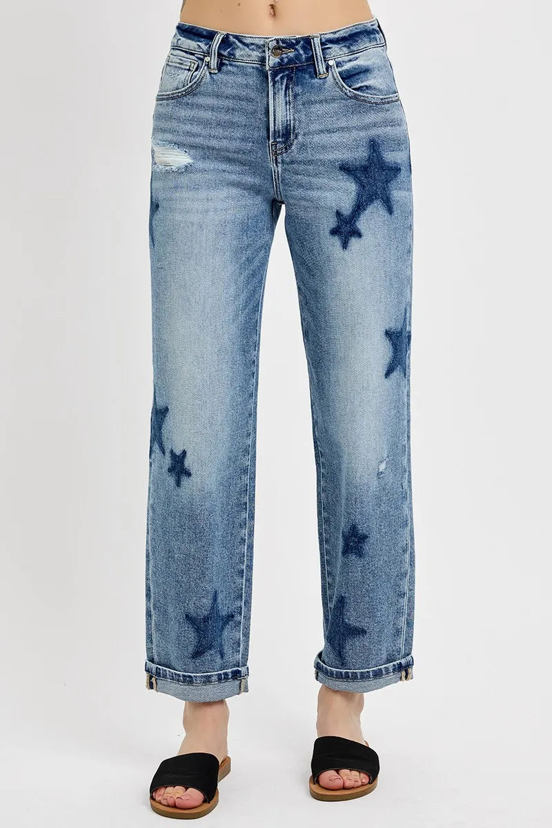 Sarah Express Women’s Plus Size Mid Rise Boyfriend Jeans with Star Print
