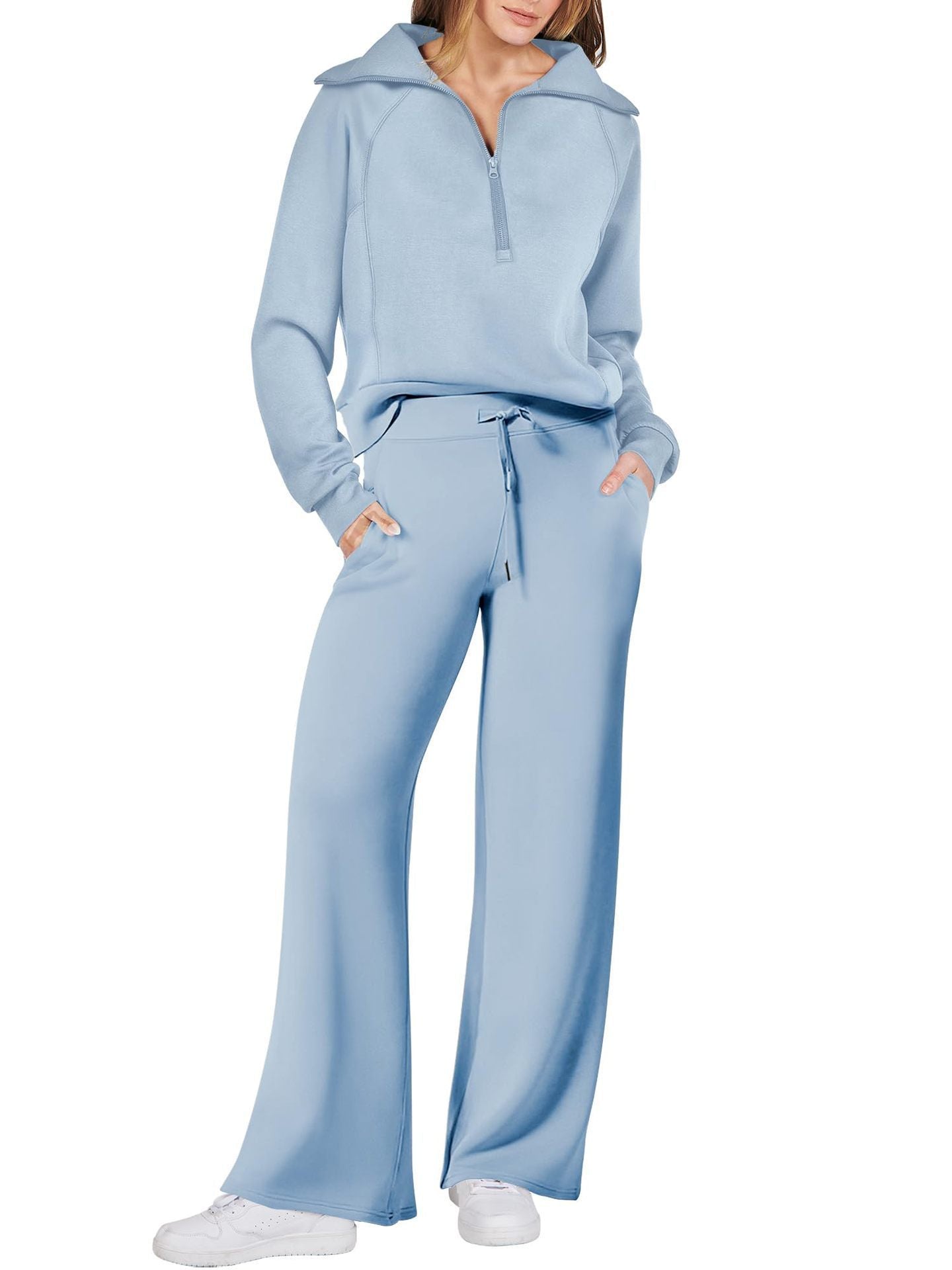 Women's Long Sleeve Zipper Sweatshirt and Wide-Leg Pants Athleisure Set