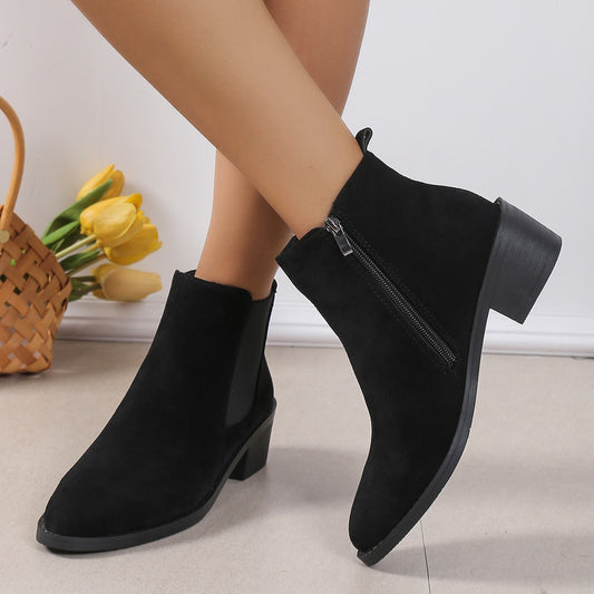 Sarah Express Women's Suede Ankle Boots | Side Zipper Chunky Heel Slip-On Pointed Toe
