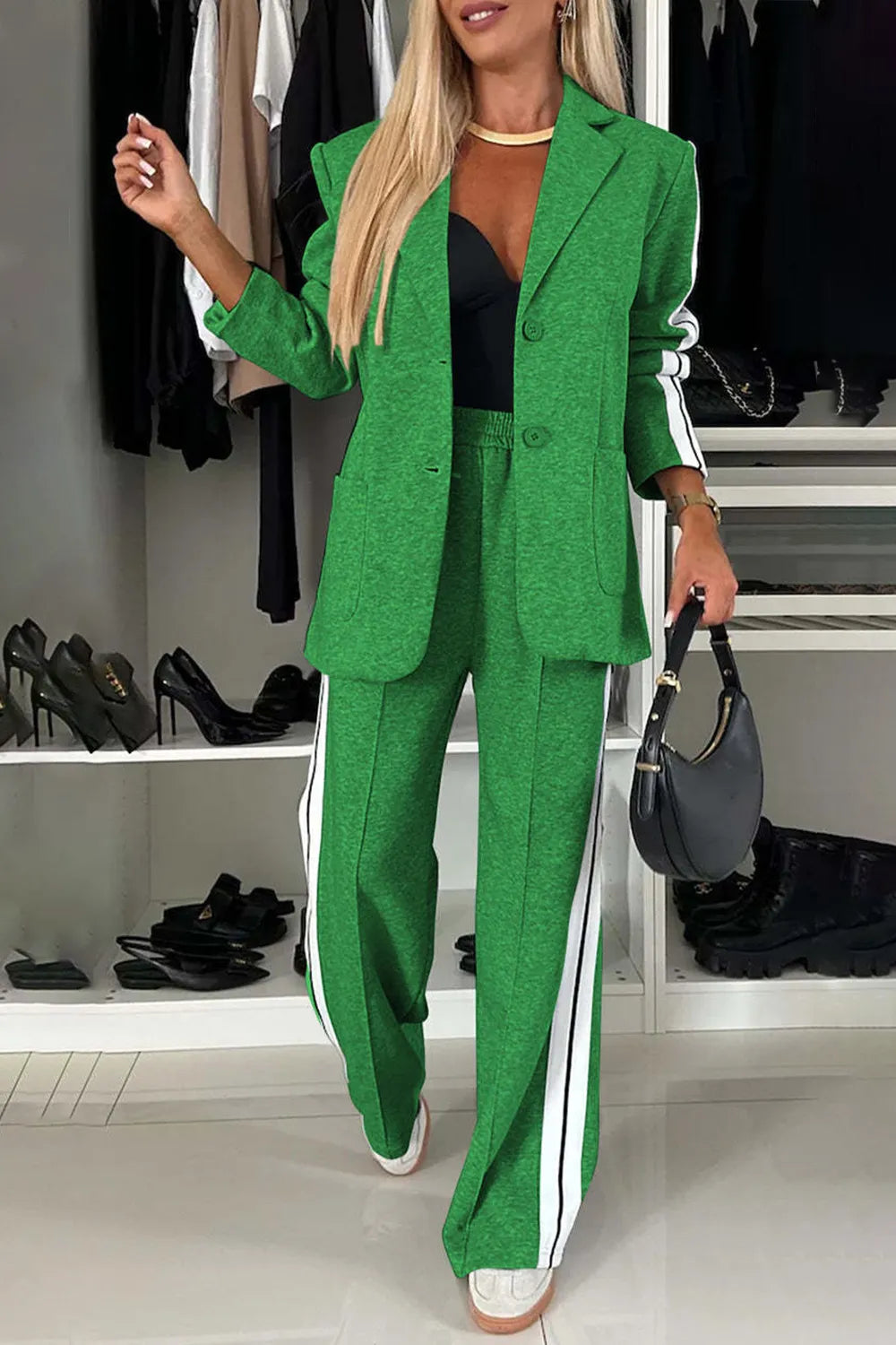 Sarah Express Women's Two-Piece Contrast Lapel Top and Pants Set Buttoned Pocketed Work Casual Outfit Green