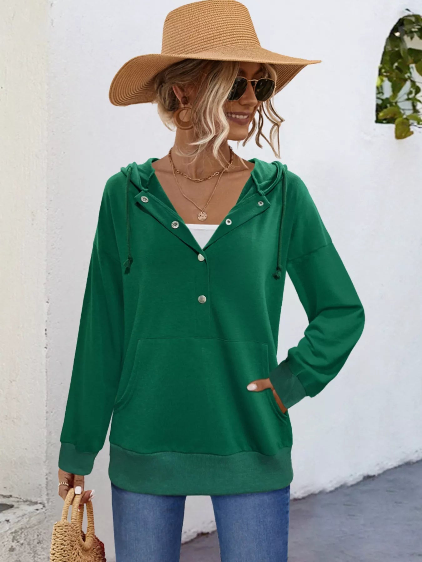 Sarah Express Women's Snap-Down Hoodie with Kangaroo Pocket Plus Size Dark Green