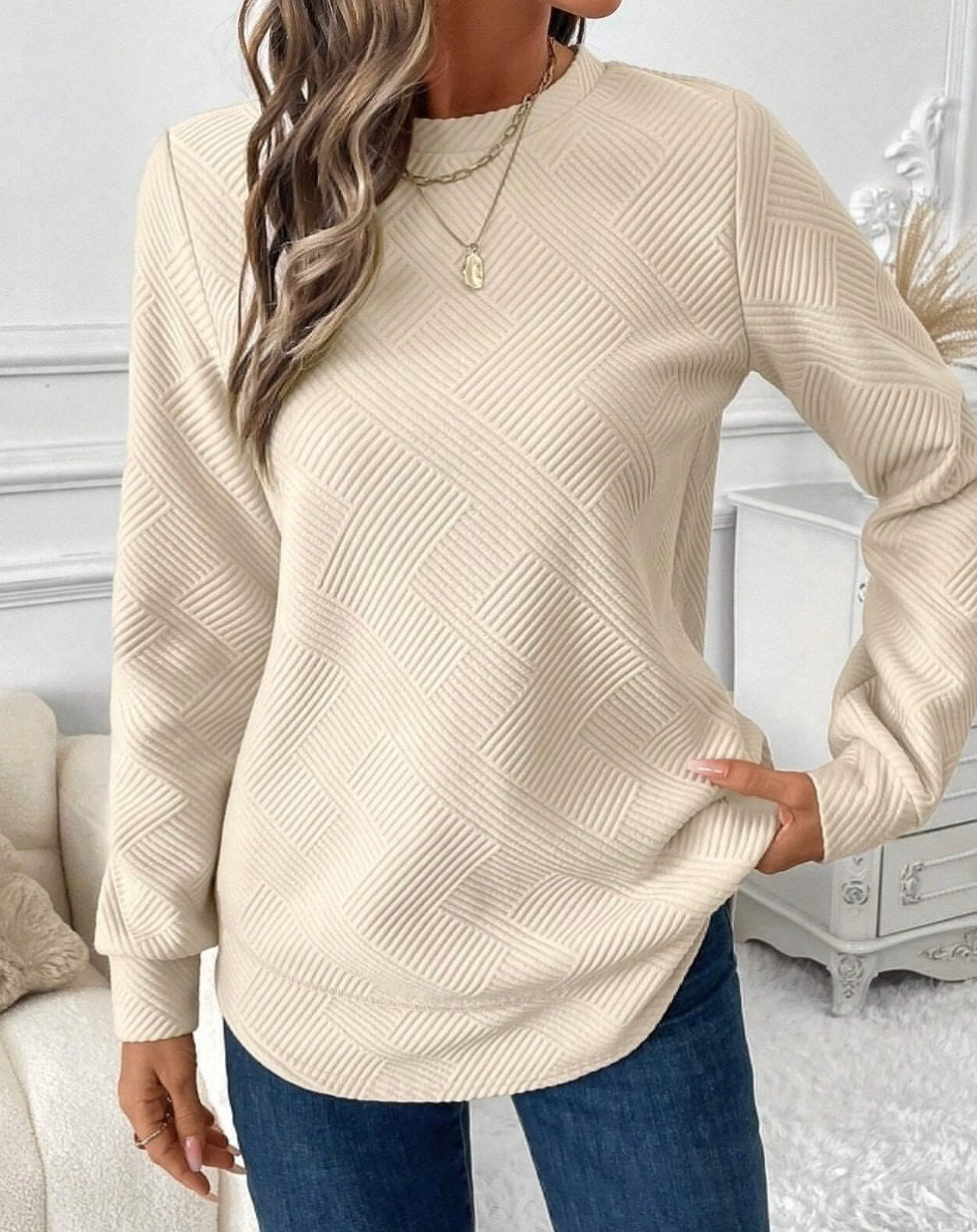 Women's Crew Neck Long Sleeve Casual Shirt Embossed Texture