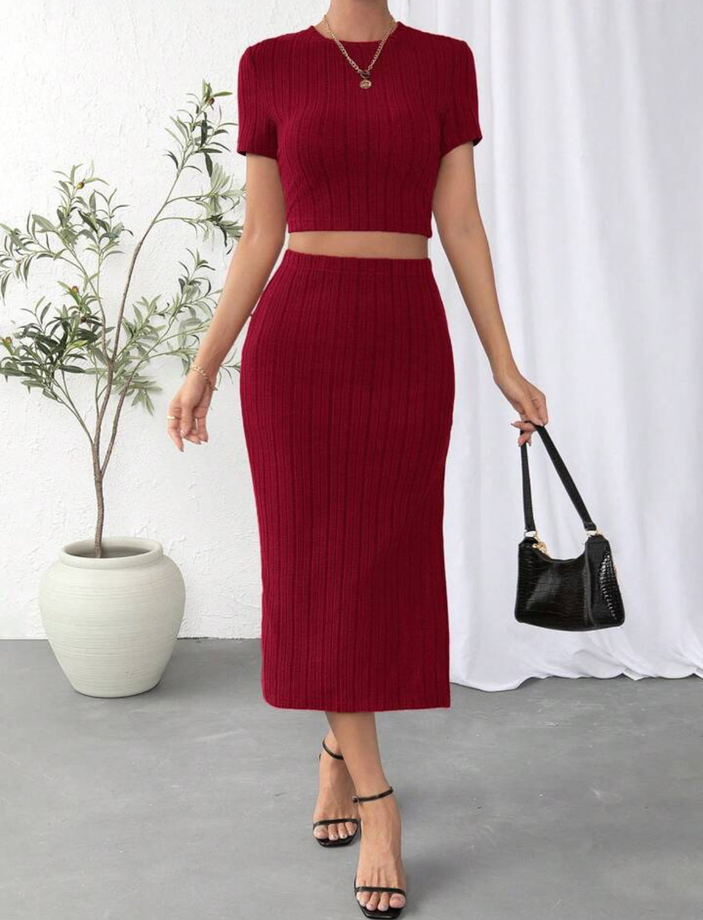 Women's Two-Piece Suit Set High Waist Midi Skirt Long Sleeve Top - Work Professional Classic