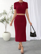 Women's Two-Piece Suit Set High Waist Midi Skirt Long Sleeve Top - Work Professional Classic