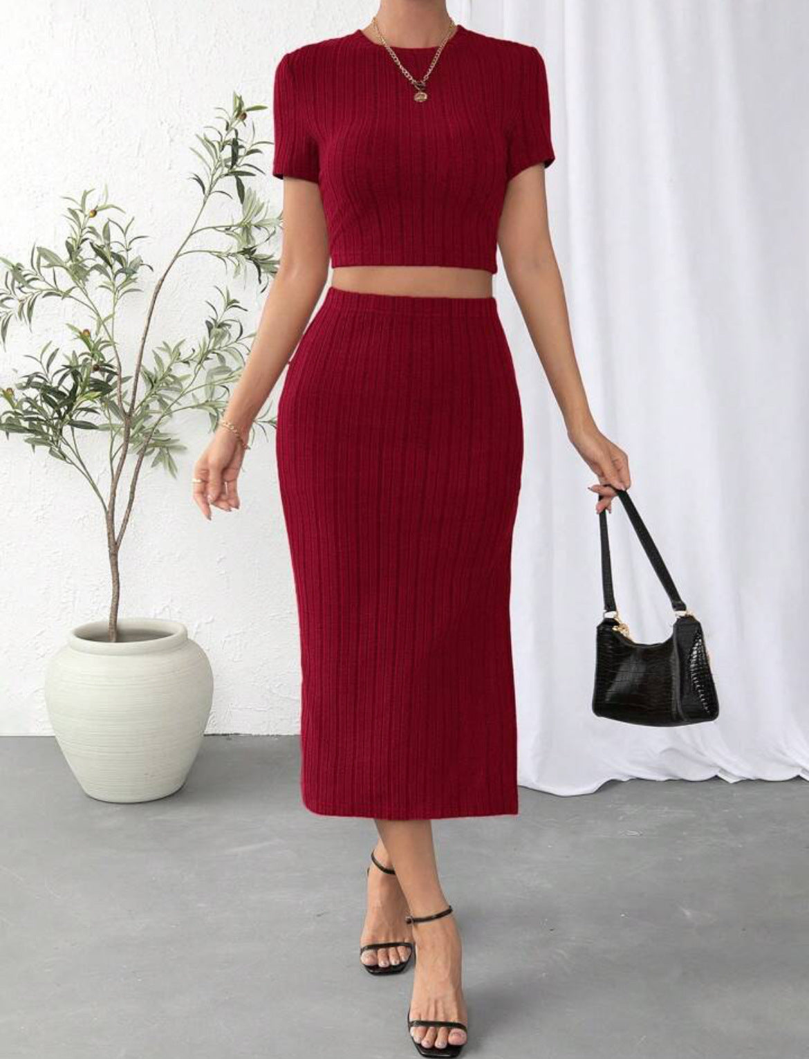 Women's Two-Piece Suit Set High Waist Midi Skirt Long Sleeve Top - Work Professional Classic