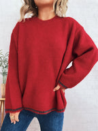 Sarah Express Women's Contrast Trim Round Neck Cozy Sweater
