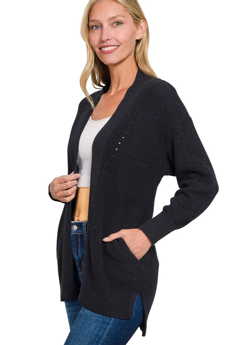 Sarah Express Women’s Eyelet Open Front Sweater Cardigan with Pockets
