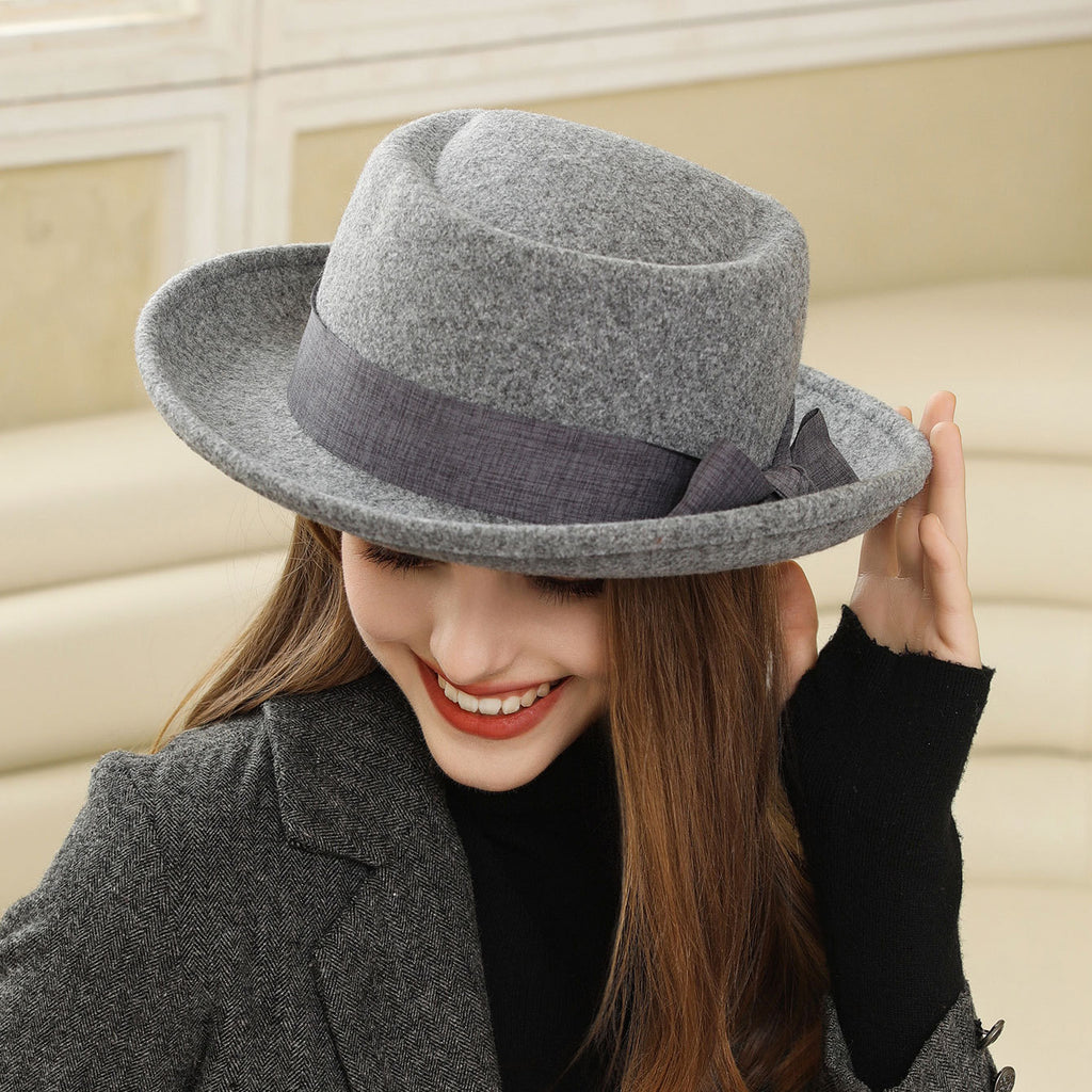 Vintage Flat Top Hat with Bow British Retro Style Women's Fall Winter Cap