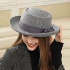 Vintage Flat Top Hat with Bow British Retro Style Women's Fall Winter Cap