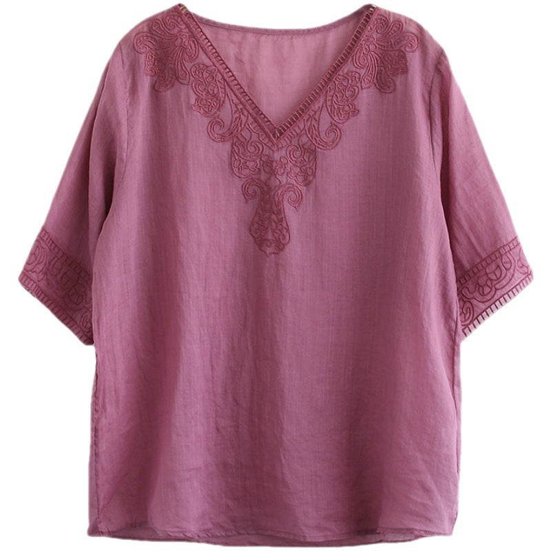 Women's Embroidered Cotton Linen V-Neck T-Shirt Ethnic Retro Style Short Sleeve