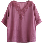 Women's Embroidered Cotton Linen V-Neck T-Shirt Ethnic Retro Style Short Sleeve