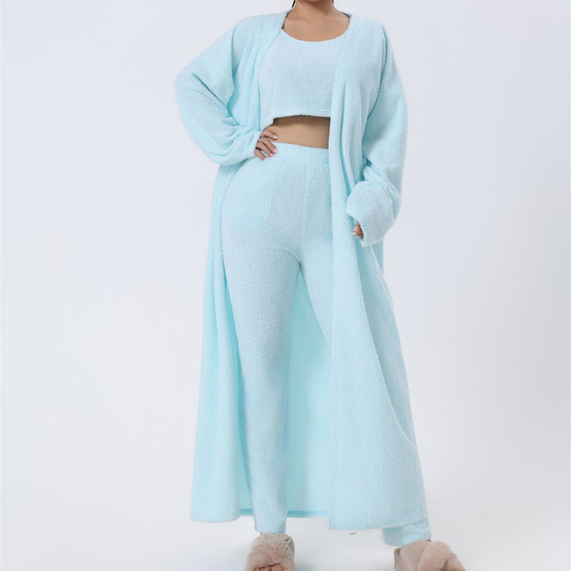 Women's Soft Knit 3 Piece Lounge Set Crop Top Wide Leg Pants Cardigan