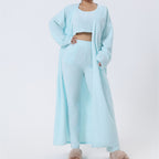 Women's Soft Knit 3 Piece Lounge Set Crop Top Wide Leg Pants Cardigan